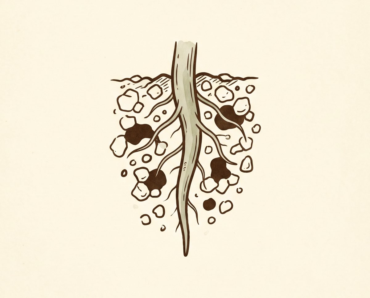 A root descending through substrate with visible air pockets between particles.