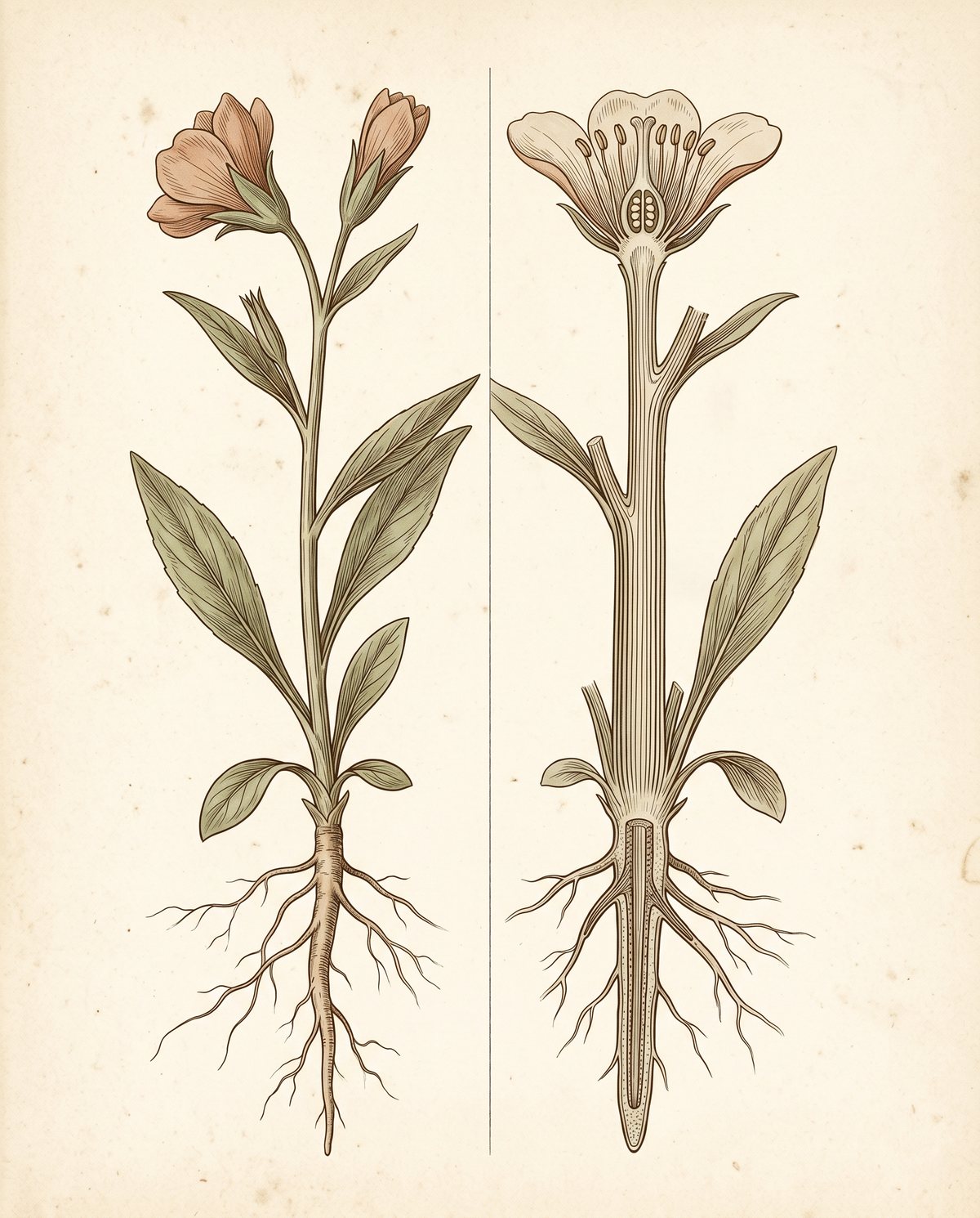 Dissection plate of a flowering plant, exterior left, cutaway right.