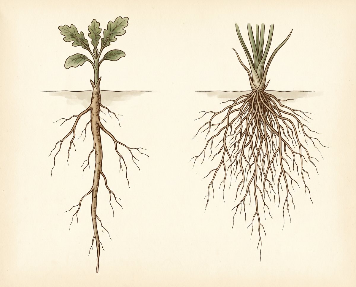Comparison plate: taproot seedling left, fibrous grass right.