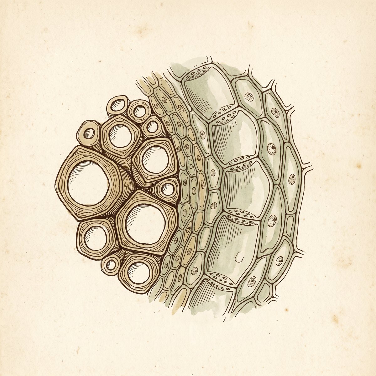 Labeled vascular bundle: xylem (large hollow tubes) at left, cambium band in the middle, phloem (living cells) at right.