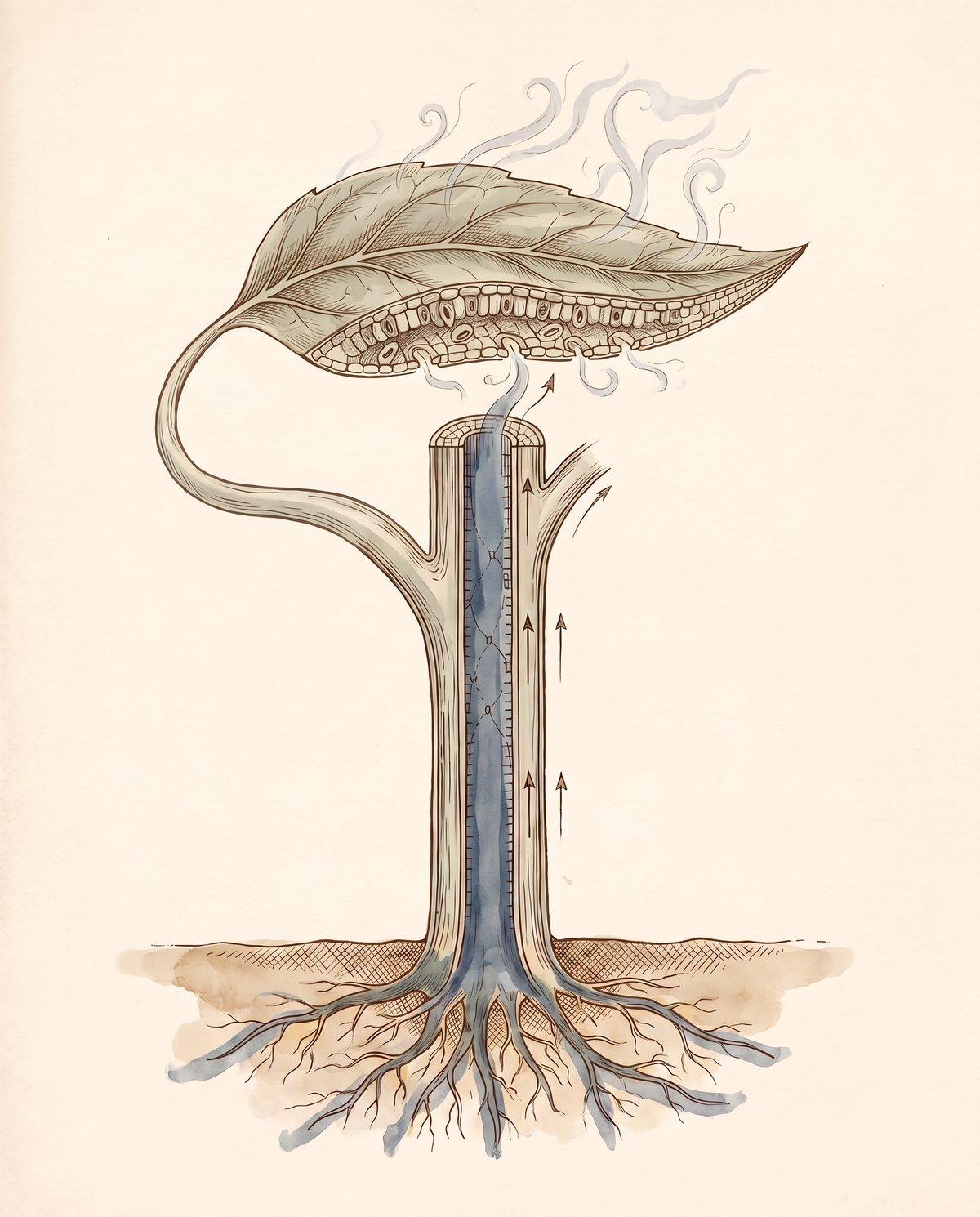 Cohesion-tension diagram: continuous water column rising through xylem.