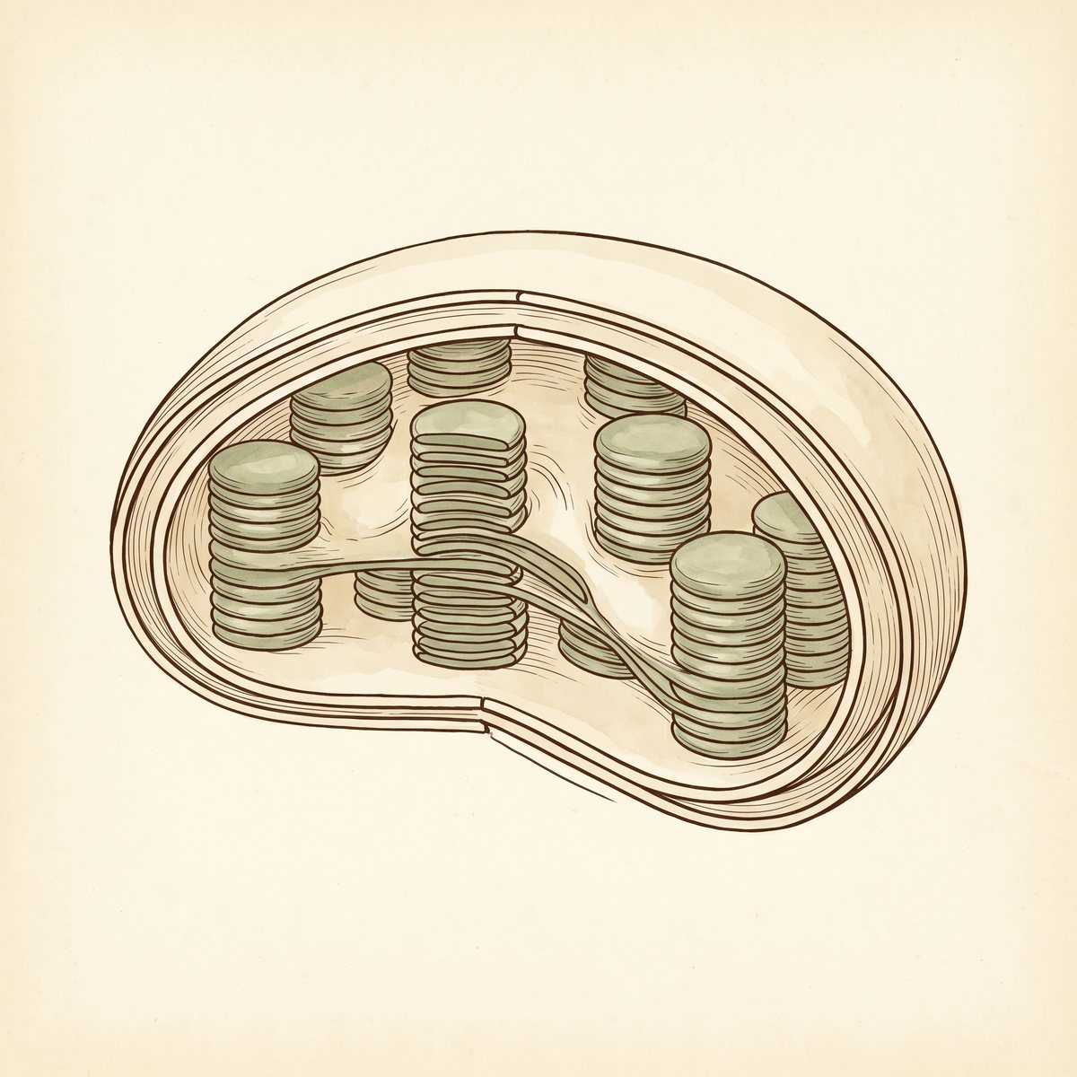 Labeled chloroplast: stacked thylakoids (grana), the surrounding stroma, and the outer membrane.
