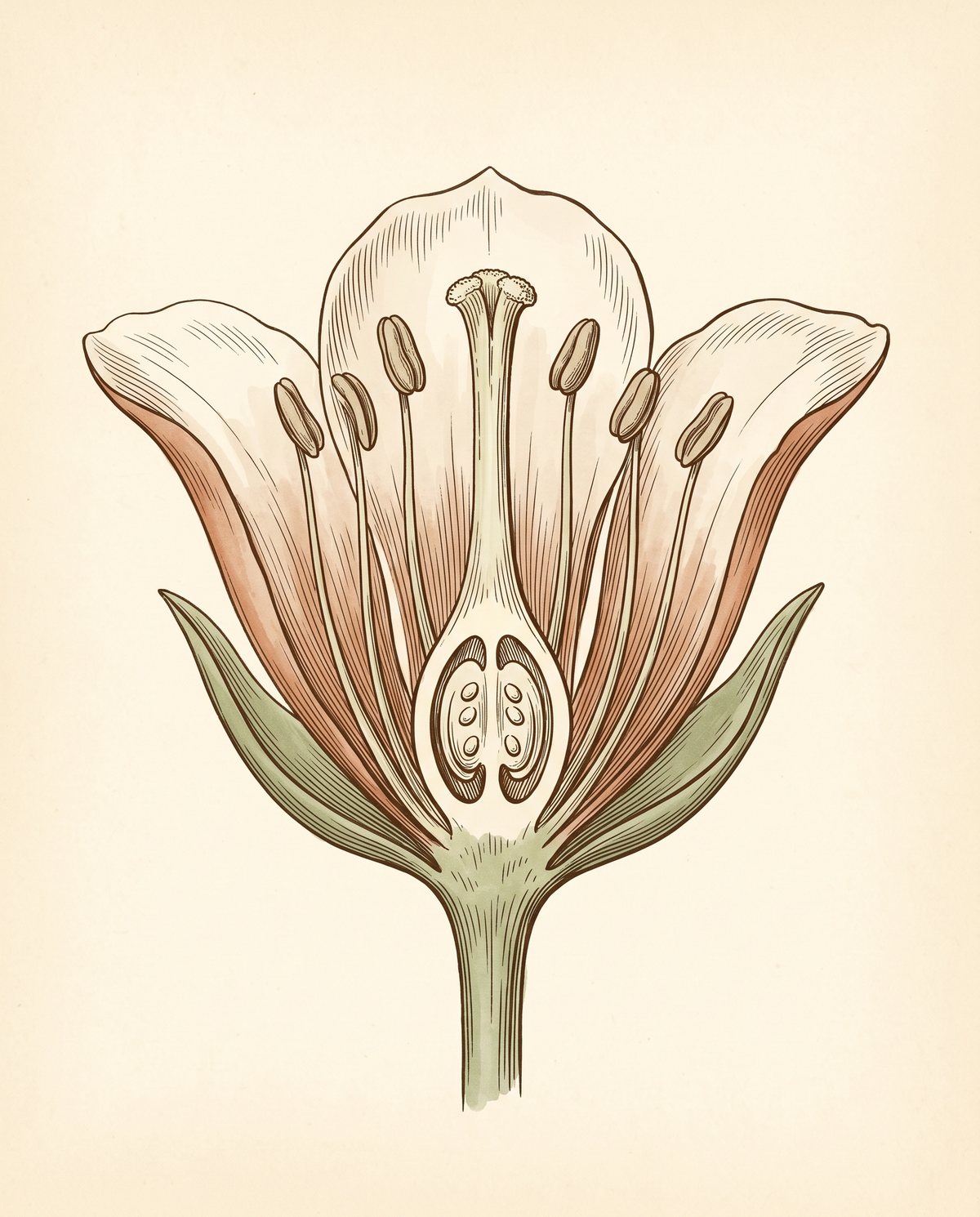 Labeled flower cross-section: petal, sepal, stamen, stigma, style, and ovary.