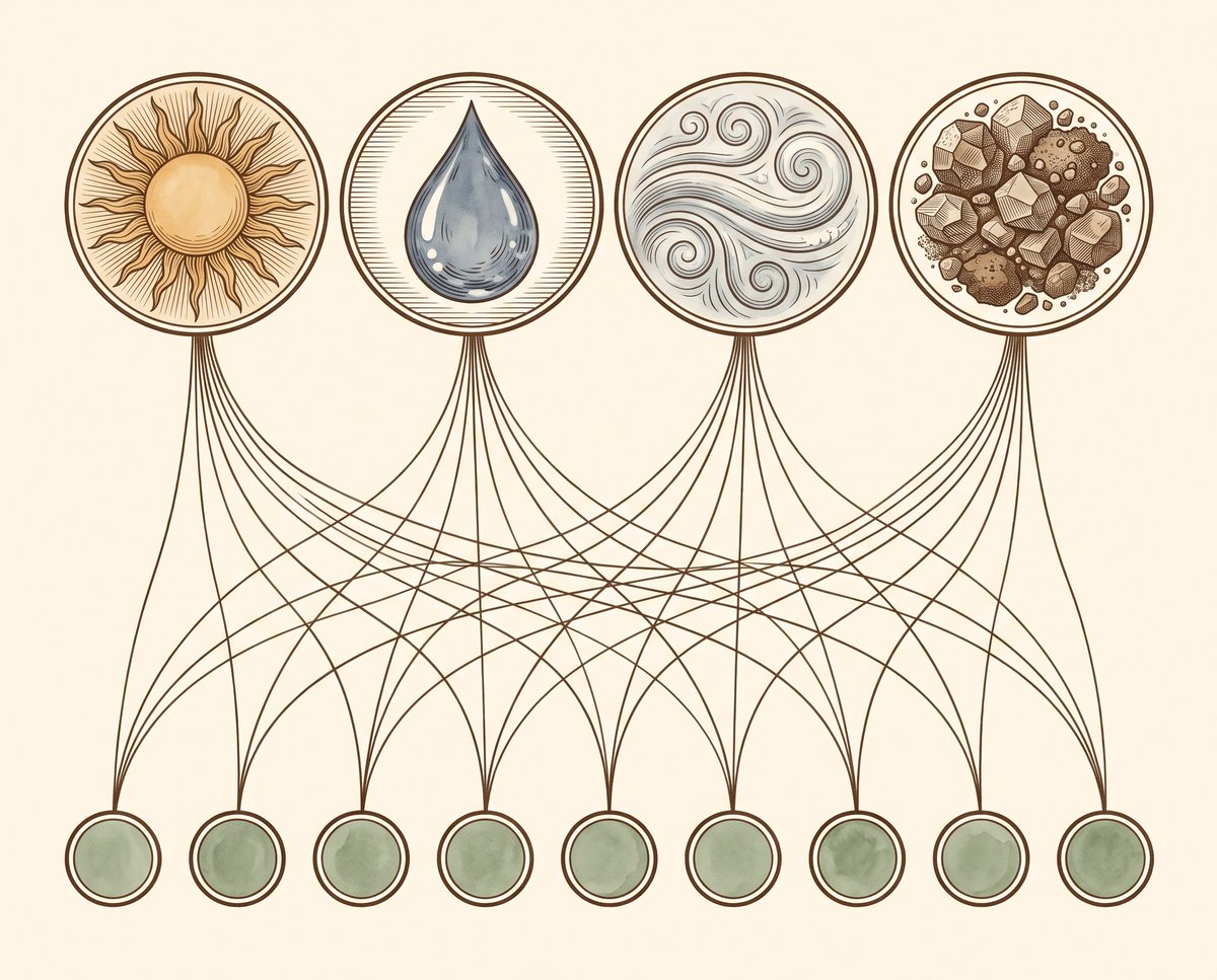Concept map: four inputs cascading to nine modules.