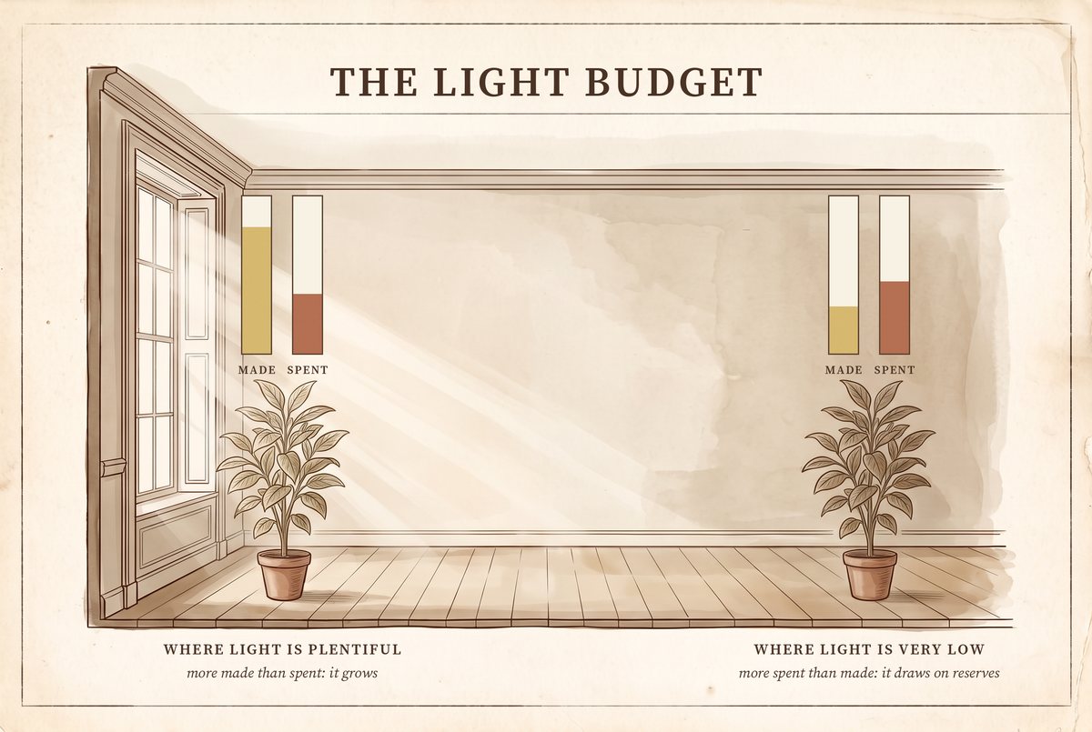 Illustration titled The Light Budget. A room in cutaway with a tall window on the left. Beside the window a potted plant stands in sunlight under two bars labeled made and spent, the made bar much taller, captioned: where light is plentiful, more made than spent, it grows. Deep in the room an identical plant stands in shade under the same two bars, the spent bar taller, captioned: where light is very low, more spent than made, it draws on reserves. Walnut linework and sepia watercolor on cream.