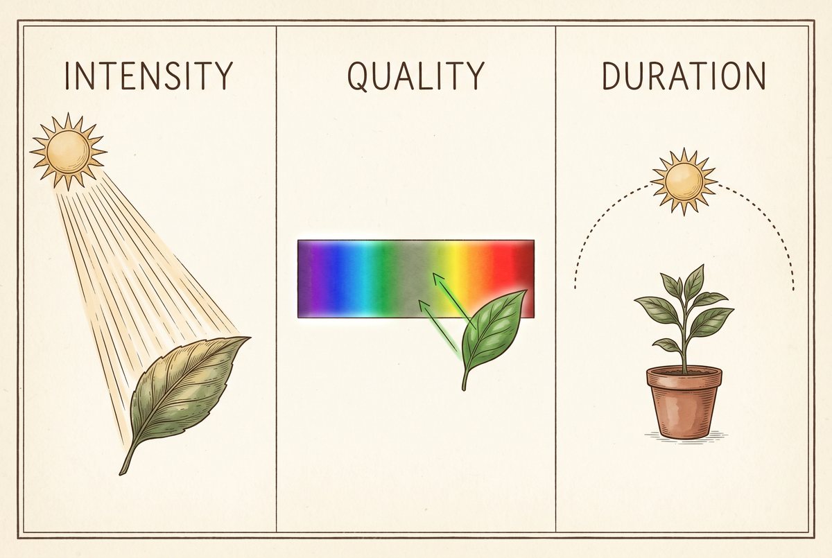Three-panel plate: intensity as photon arrows on a leaf, quality as a spectrum band with blue and red highlighted, duration as a clock arc of daylight hours. Walnut line on cream.