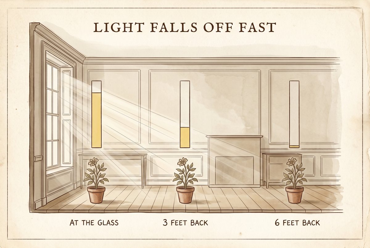 Cutaway side view of a room with a window at left; the same plant at the glass, three feet, and six feet back, with a bar above each showing its relative light level. Walnut line on cream.
