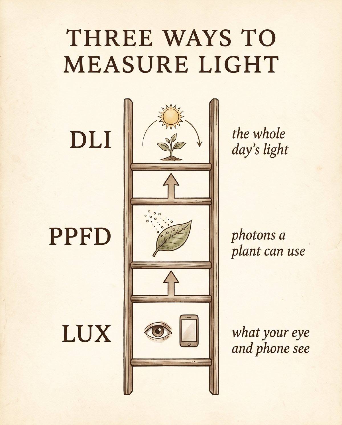 Units-ladder diagram: lux (eye and phone, green-weighted) leading to PPFD (photons per second the plant uses) leading to DLI (the day's total), as three stacked rungs with eye, leaf, and sun-clock icons. Walnut line on cream.