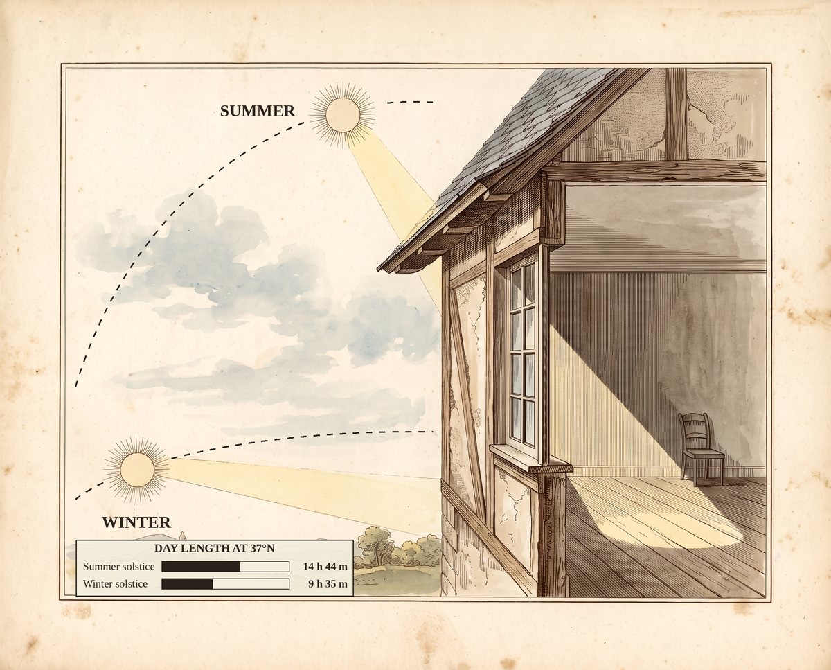 Side-view diagram of a window with a high summer sun arc and a low winter arc; the low winter sun reaches deep into the room while the high summer sun and roof overhang light only near the glass. Walnut line on cream.