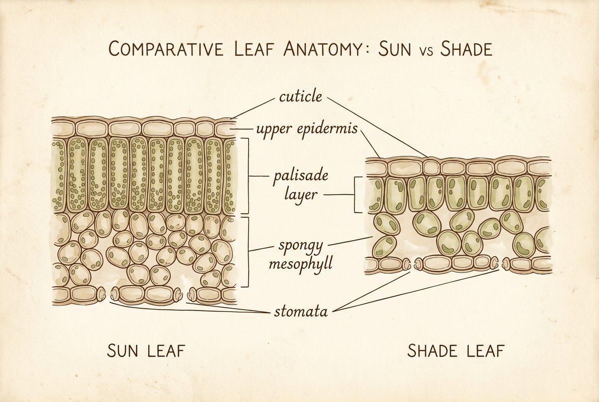 Two labeled leaf cross-sections, a thick sun leaf with deep palisade and a thinner shade leaf, both labeled cuticle, epidermis, palisade, spongy mesophyll, and stomata. Vintage anatomical-plate register.