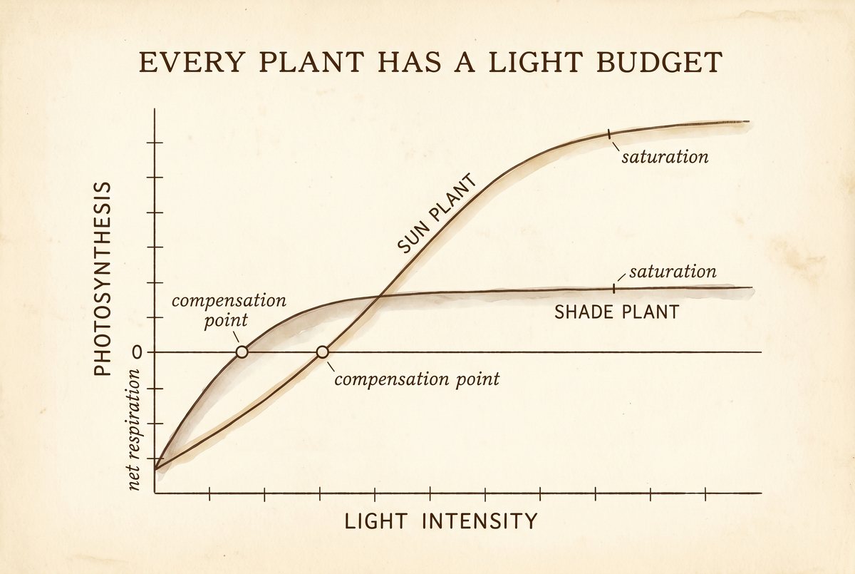 Light-response graph with light intensity on the x-axis and net photosynthesis on the y-axis, showing a sun-plant curve and a shade-plant curve with compensation points and saturation plateaus marked. Walnut line on cream.