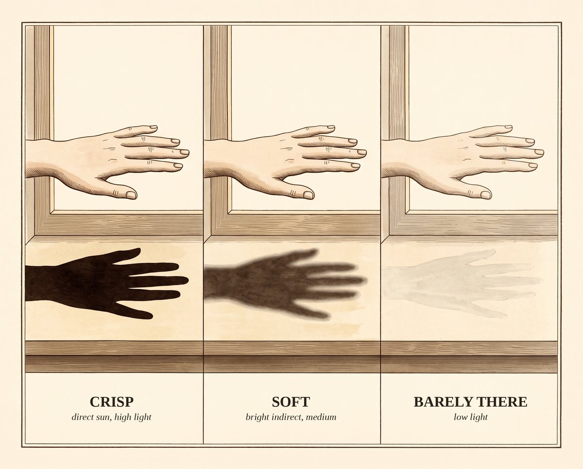 Three panels of a hand held in front of a window, each casting a shadow on the sill below: crisp and dark labeled direct sun, high light; soft and blurred labeled bright indirect, medium; and barely visible labeled low light.