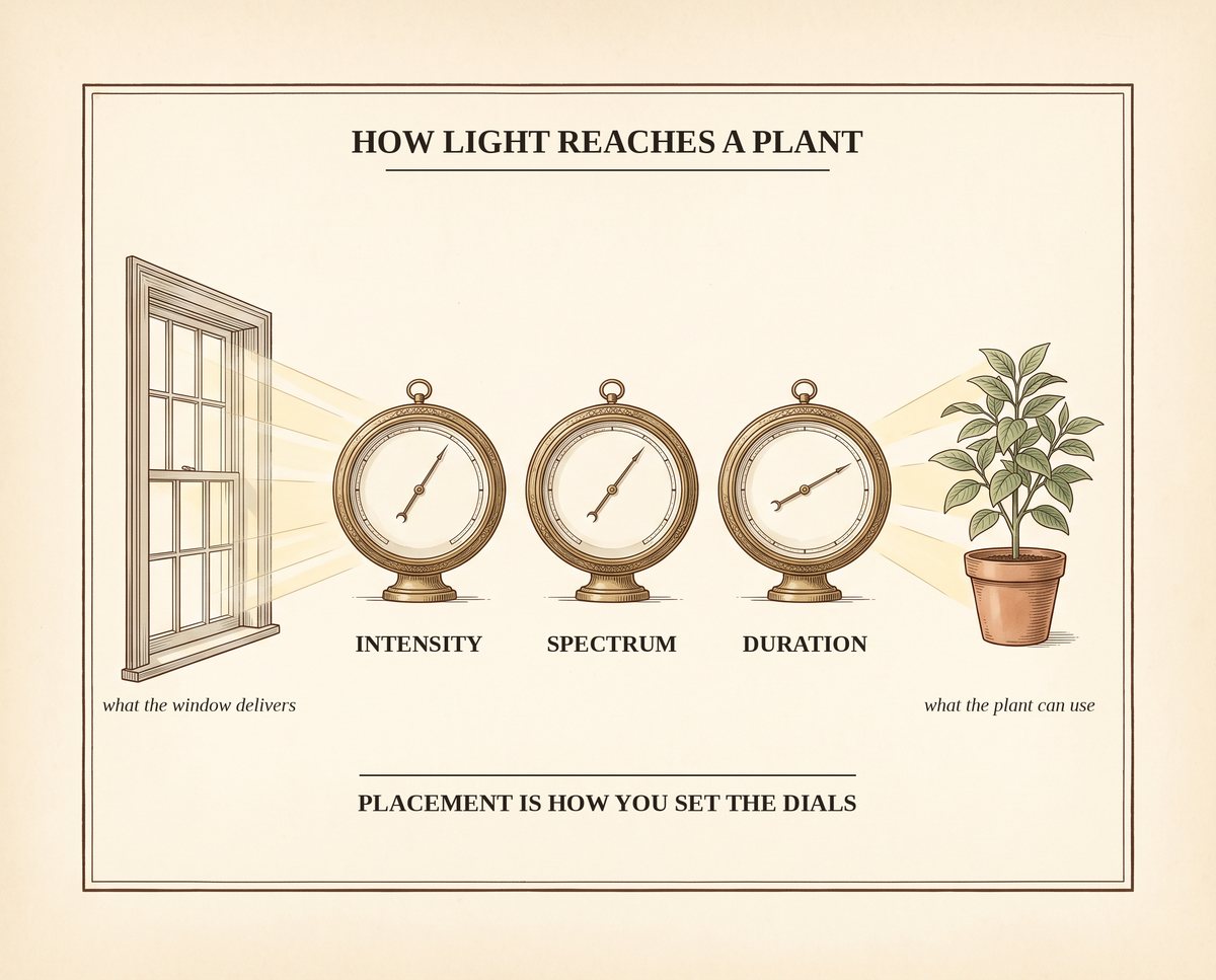 Diagram headed How light reaches a plant. Light leaves a window on the left, captioned what the window delivers, and passes through three upright dials labelled intensity, spectrum and duration before reaching a potted plant on the right, captioned what the plant can use. A line beneath reads: placement is how you set the dials. Engraved walnut linework on cream.