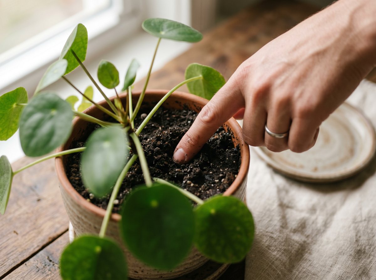 A hand pushing one finger into the surface of a potted plant's substrate to the first knuckle, testing moisture.