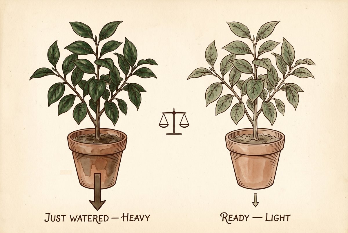 The same potted plant shown twice, just-watered and heavy versus ready and light, with a balance scale between them.