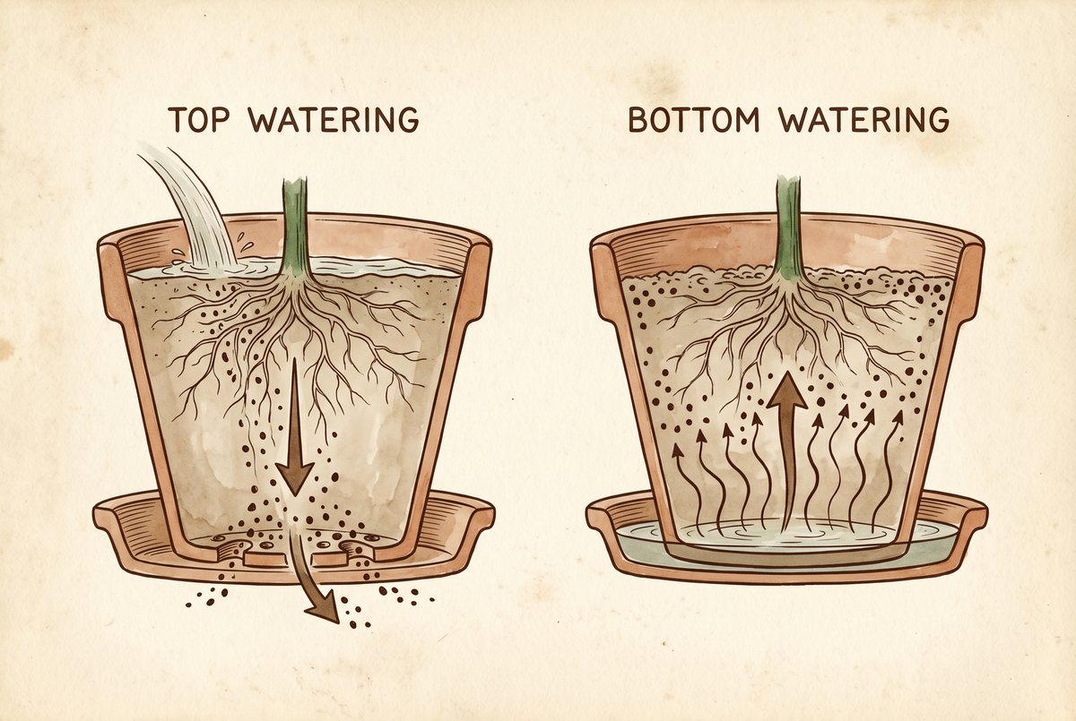 Two pot cross-sections: top watering carries salts down and out the drainage holes; bottom watering wicks water up from a tray and draws salts up toward the surface.