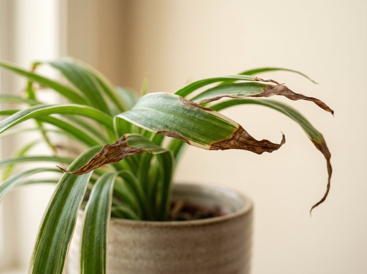 Leaf-tip burn on a strappy-leaved houseplant: brown, scorched tips and margins against otherwise green leaves.