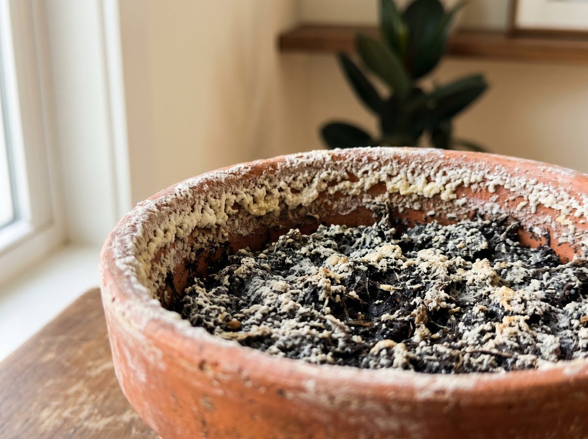 White and yellowish soluble-salt crust on the surface of potting substrate and around a terracotta pot rim.