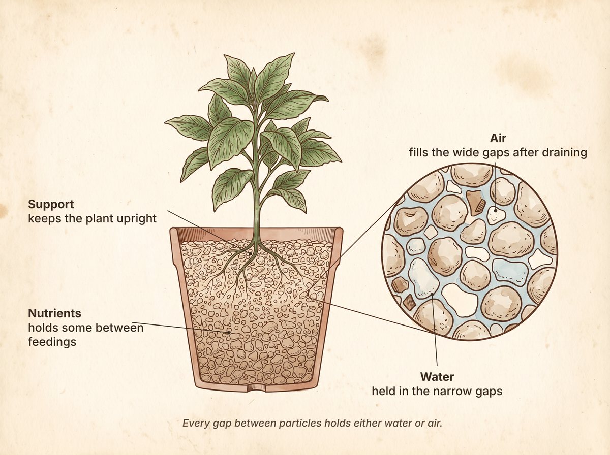 Cross-section of a terracotta pot with a leafy plant rooted in a particle mix, labeled support and nutrients, beside a magnified circle of particles whose narrow gaps hold pale blue water and whose wider gaps hold air.