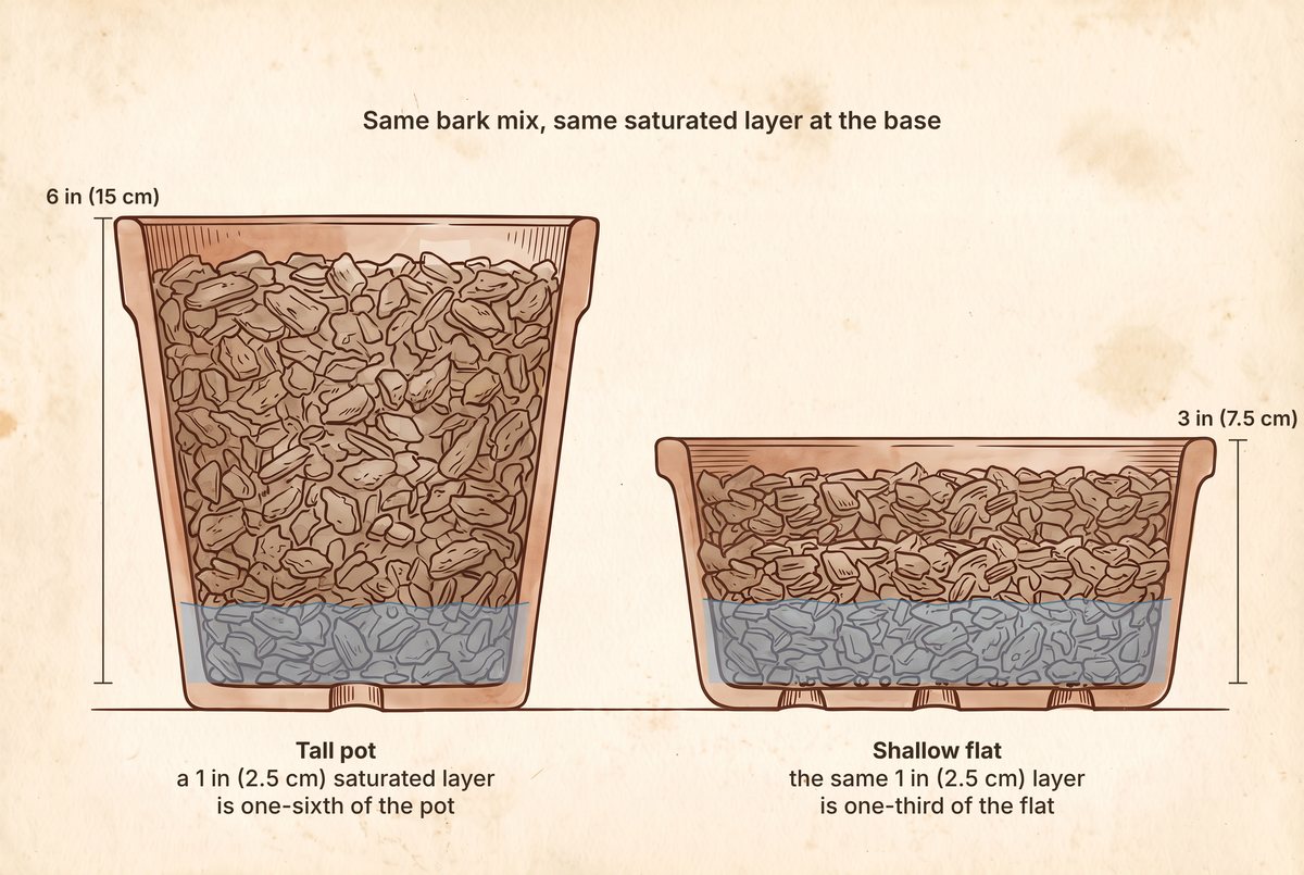 A tall pot and a shallow flat side by side, both filled with the same bark mix, each with a pale blue saturated band of the same height at the base. Dimension lines mark 6 inches (15 cm) and 3 inches (7.5 cm).