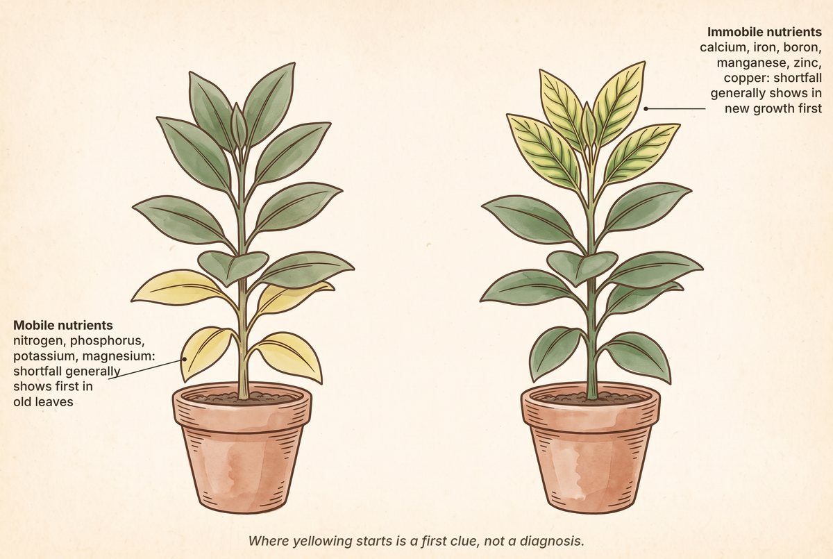 Two matching potted plants. On the left the lowest, oldest leaves are pale yellow and the upper leaves green; on the right the newest top leaves are yellow between green veins and the lower leaves green.
