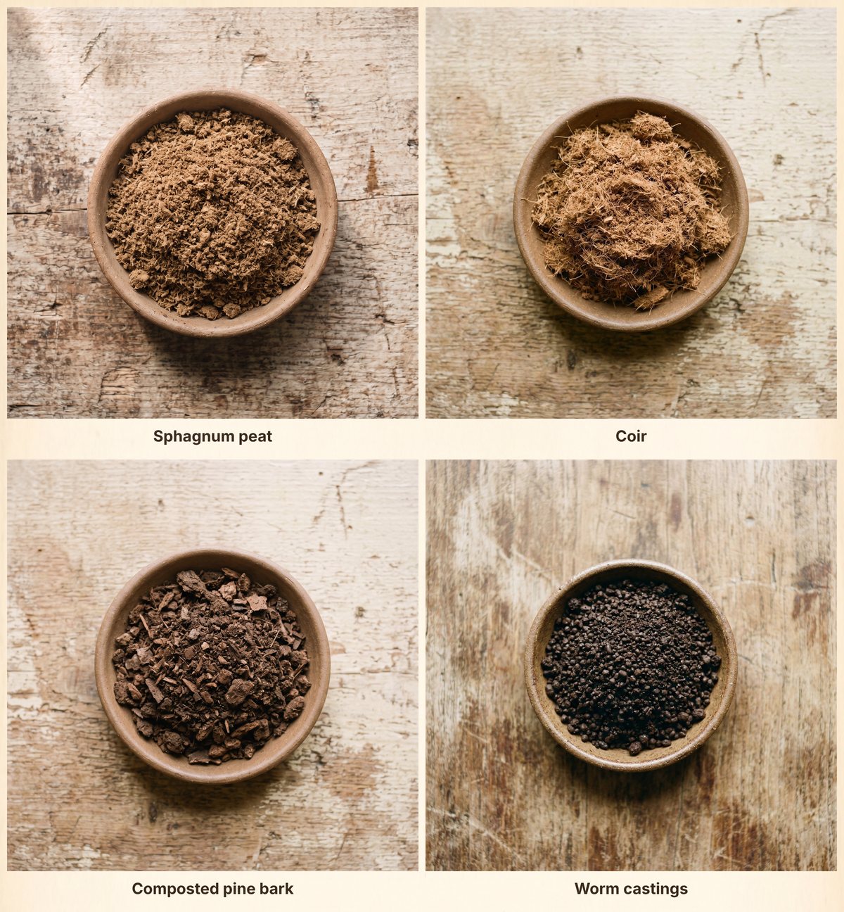 Four bowls on weathered wood seen from above: fine brown milled peat, fibrous orange-brown coir, dark crumbly composted bark, and dark granular worm castings.