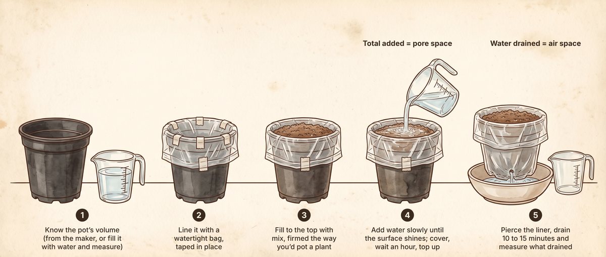 Five steps in a row: an empty nursery pot beside a cup of water; the pot lined with a taped plastic bag; the lined pot filled with mix; water poured from a measuring cup onto the mix; the lined pot standing in a bowl with water draining from a hole in the bag.