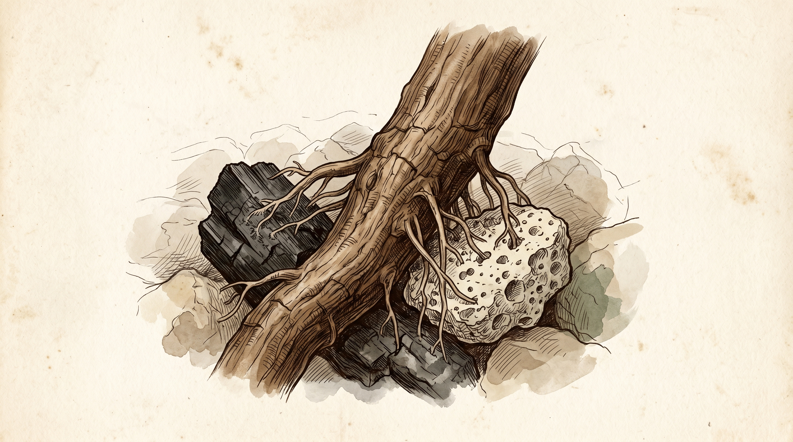 A magnified illustration of an aroid aerial root threading through chunky substrate, its fine root hairs gripping the rough surfaces of a charcoal chunk and a pumice chunk.