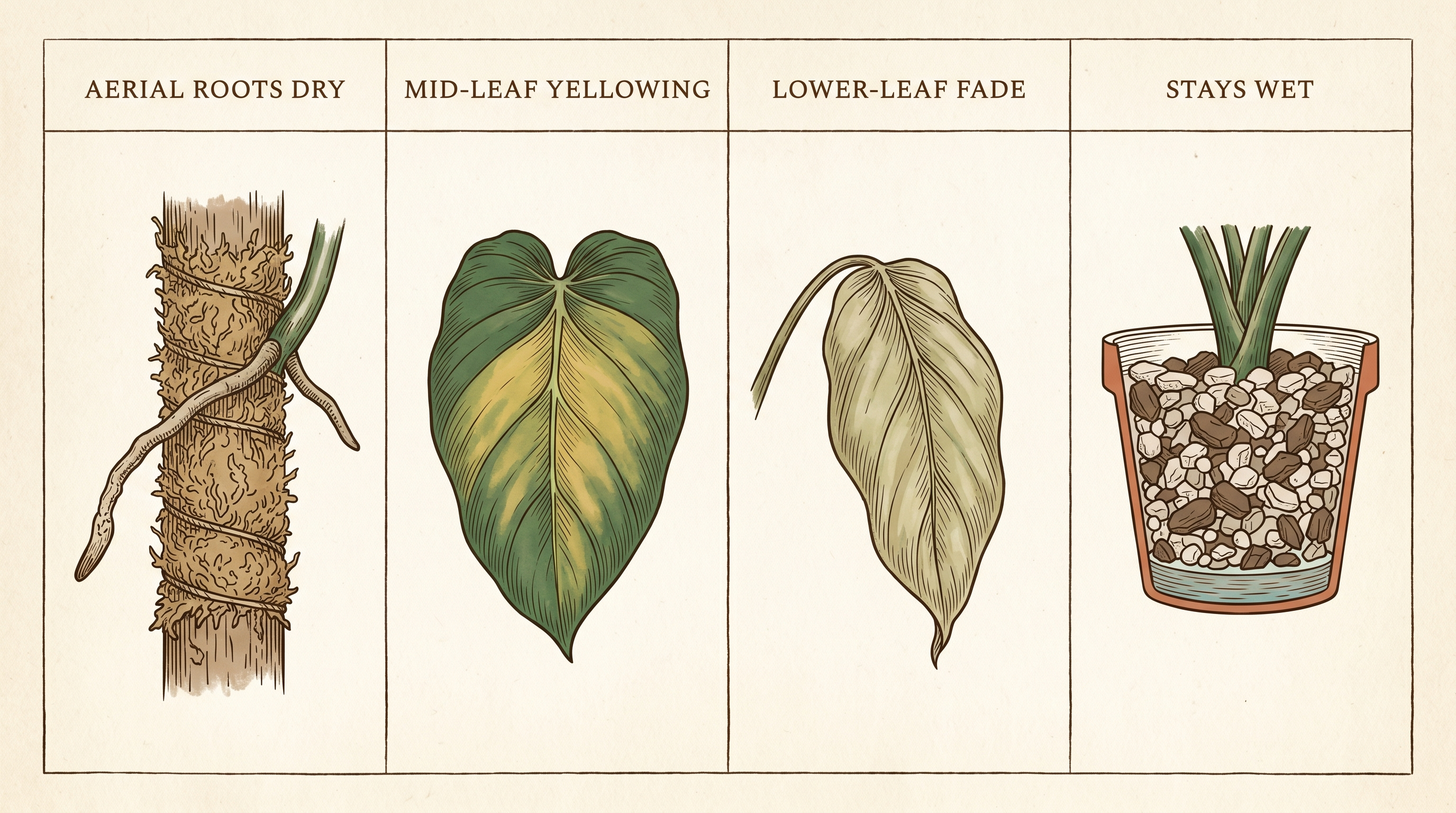 Four panels showing common symptoms after switching to a mineral mix: an aerial root not gripping a dry pole, mid-leaf yellowing, a faded lower leaf, and a pot cross-section with substrate staying wet at the base.