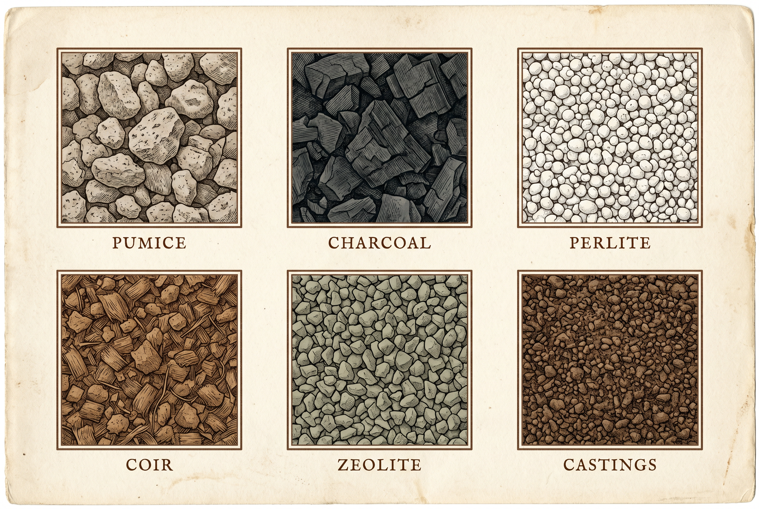 A six-panel specimen page showing each ingredient at its working grade: coarse pumice, horticultural charcoal, coarse perlite, buffered coir, clinoptilolite zeolite, and sifted earthworm castings.