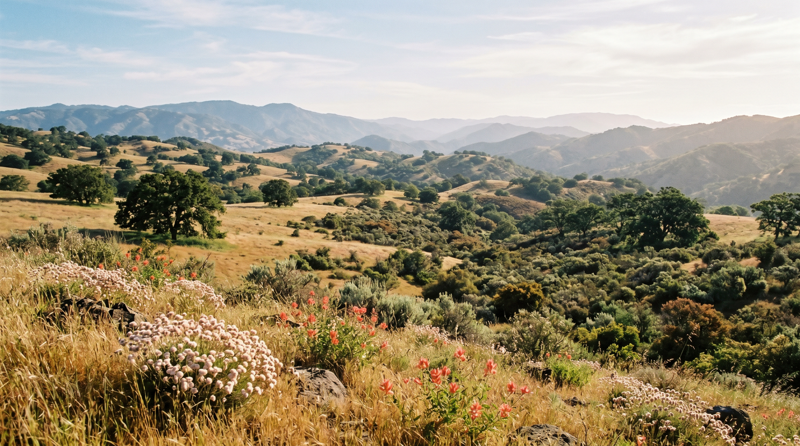 California chaparral and oak-woodland landscape — golden grasslands with coast live oaks, California fuchsia in coral bloom, and California buckwheat in the foreground, hazy ridges in distance