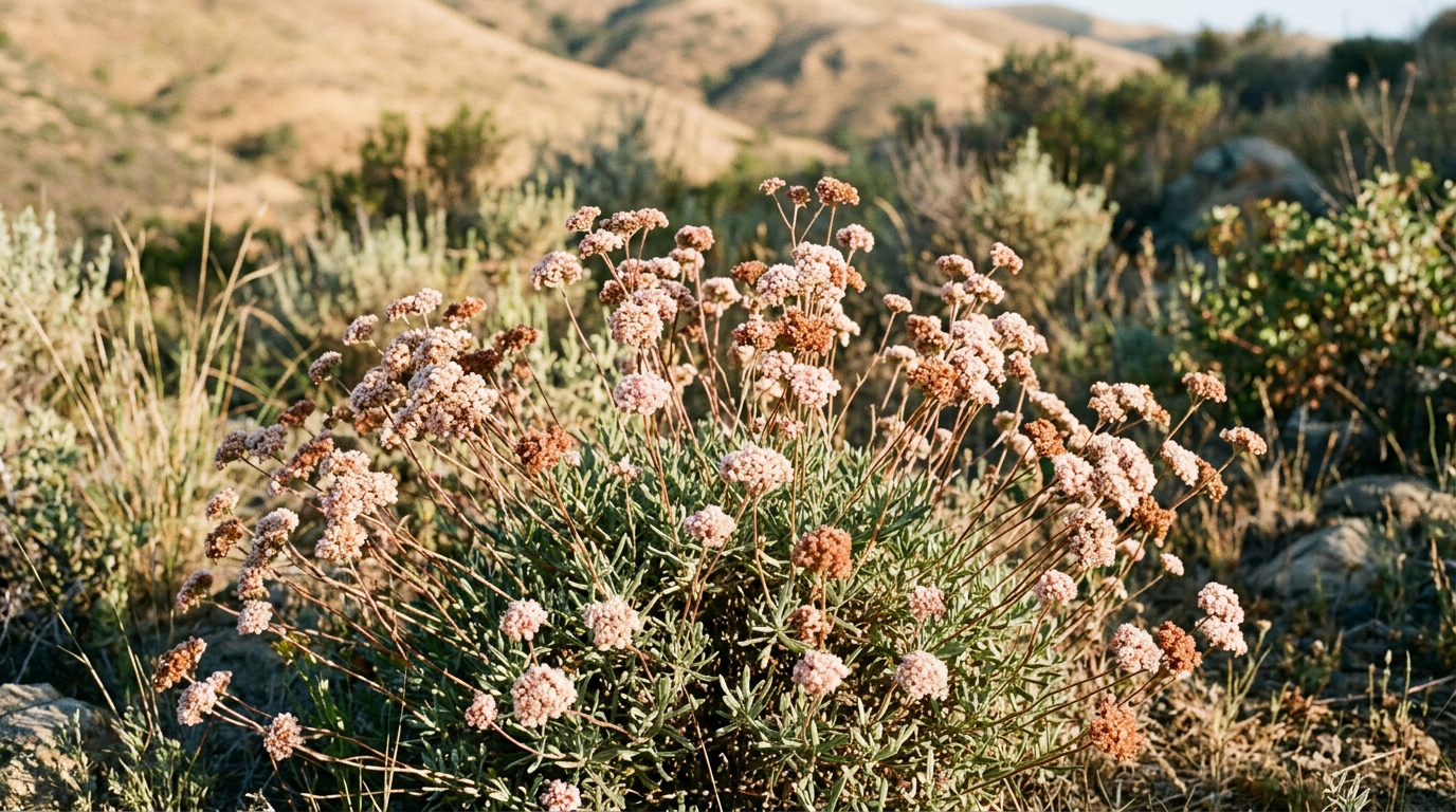 California Buckwheat (Eriogonum fasciculatum) in summer bloom, dense flat-topped clusters of small white flowers above narrow gray-green leaves, set against an open chaparral background