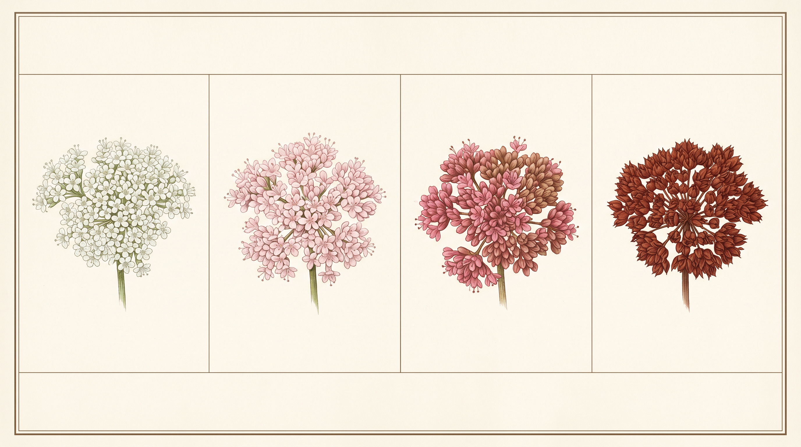Four-panel botanical specimen plate showing the same California Buckwheat flower head at four sequential life stages: fresh chalky-white cluster in May to July, soft pale-pink mature head in July to August, deeper rose-pink aging head in August to September, and deep rust-red aged seed head in October to February