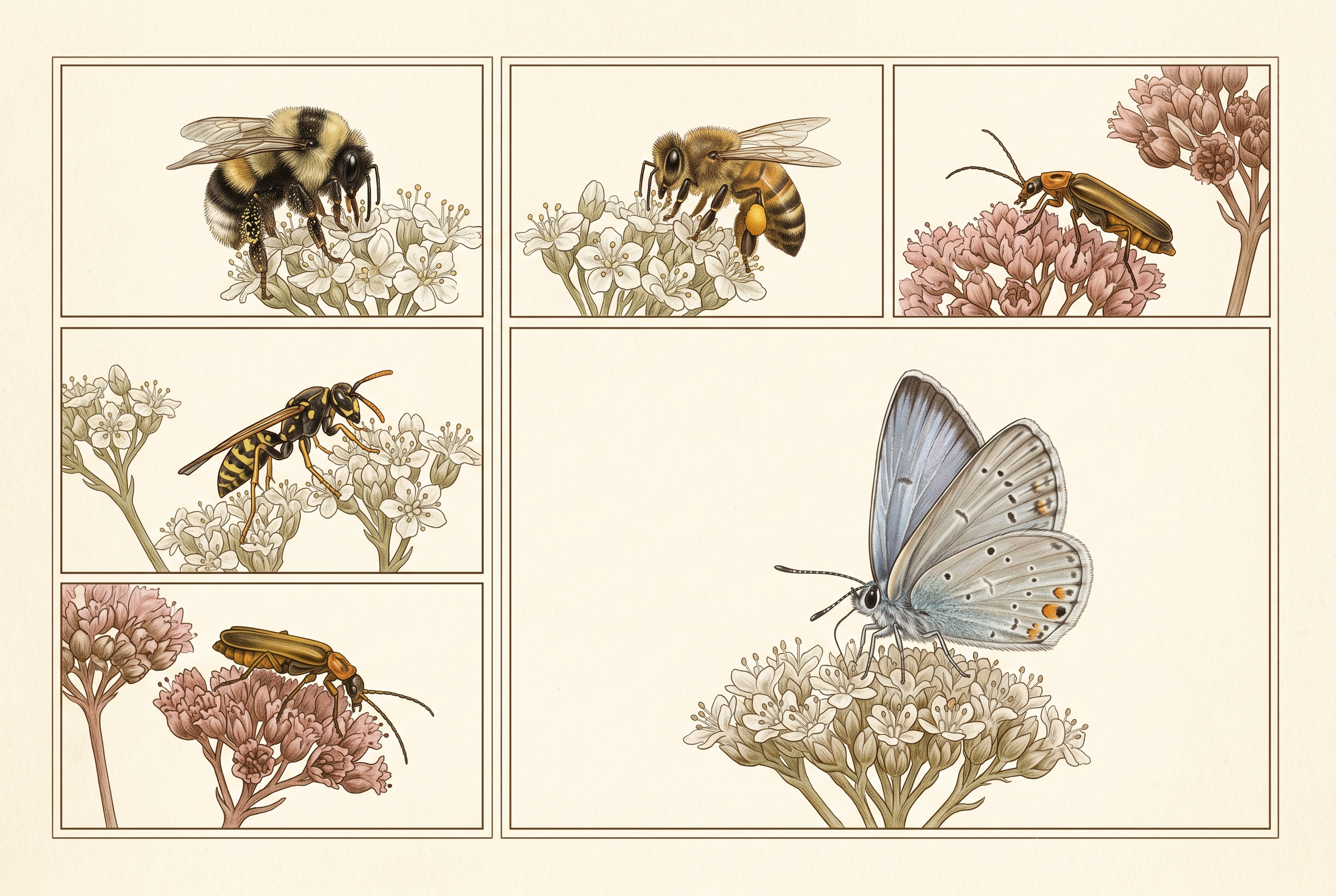Five-panel editorial natural history publication plate showing pollinators at California Buckwheat flower clusters in midsummer Bay Area chaparral: a native bumblebee dusted with pollen, a honeybee with hind-leg pollen baskets, a slender beneficial paper wasp, a soldier beetle, and the Bernardino dotted-blue butterfly Euphilotes bernardino with wings half-open on a buckwheat inflorescence