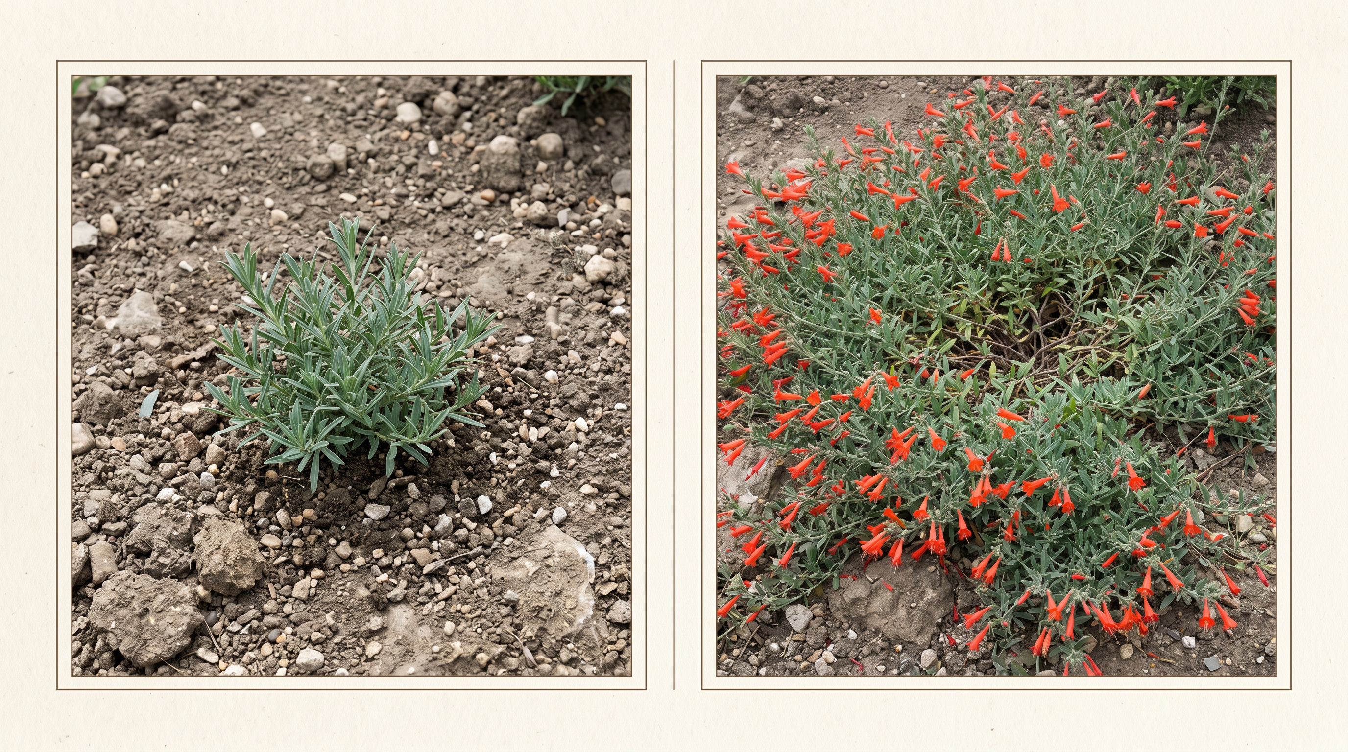 Two-panel botanical specimen plate showing the same garden bed at Year 1 with a single compact one-foot-wide California Fuchsia plant just installed, and Year 3 with the same bed now an expanded sprawling four-foot-wide patch of mature California Fuchsia in full late-summer scarlet-orange bloom