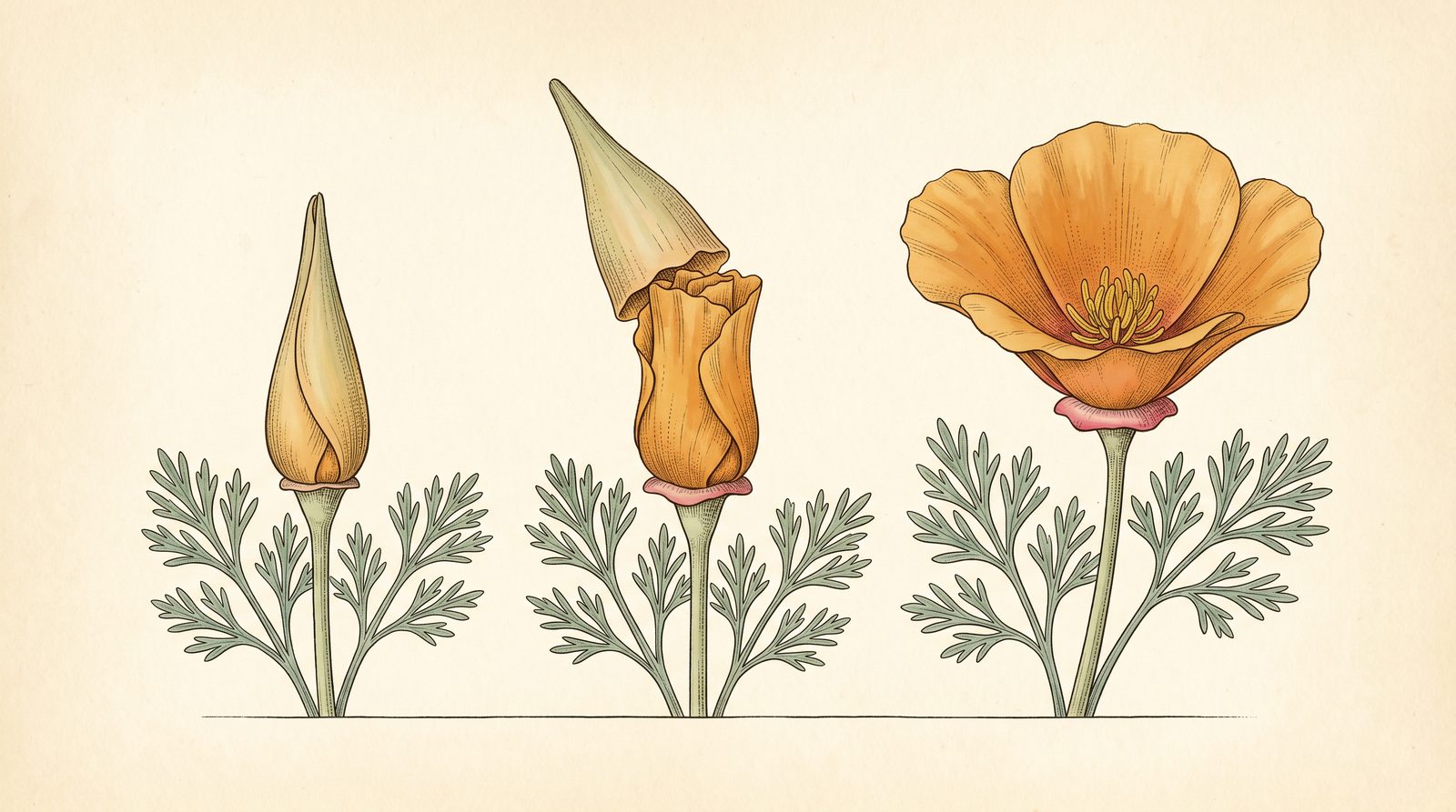 Botanical plate showing three stages of a California poppy flower opening, left to right: a closed bud capped by a pointed fused sheath, the pointed cap lifting free from the base with crumpled orange petals emerging beneath, and the fully open four-petalled orange flower with a small pink rim at its base