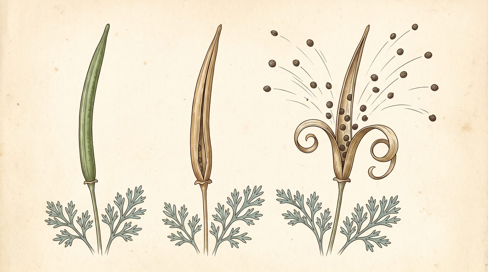 Botanical plate showing three stages of a California poppy seed pod, left to right: a long slender green ribbed pod, the same pod dried to tan and splitting along its length, and the pod fully burst with its two narrow walls curling back like springs and small dark seeds flung outward through the air