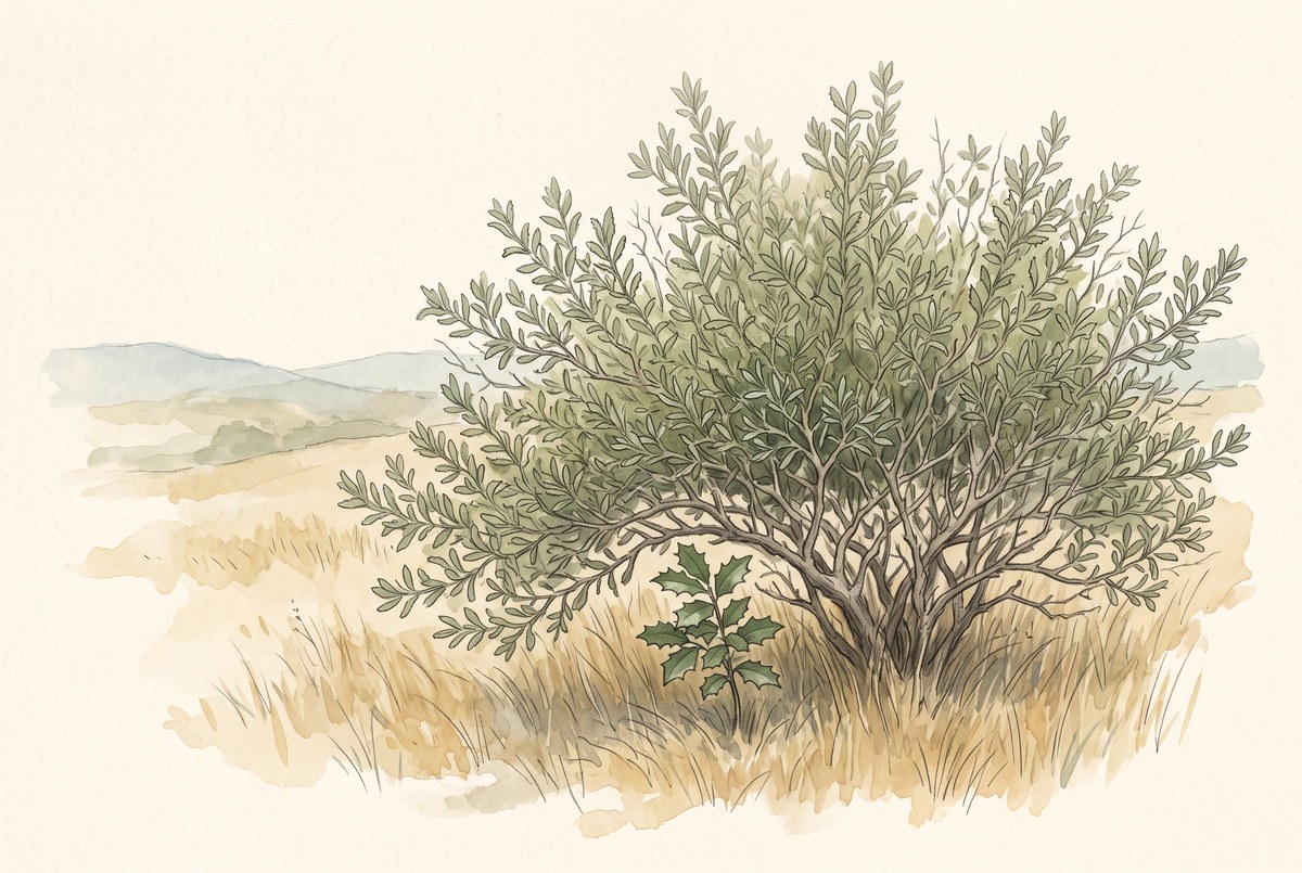 A watercolor and ink illustration of an open California hillside of dry golden grass. A mature coyote brush shrub occupies the right of the frame, and beneath the shaded low edge of its canopy grows a small coast live oak seedling with dark, spiny, holly-like leaves.