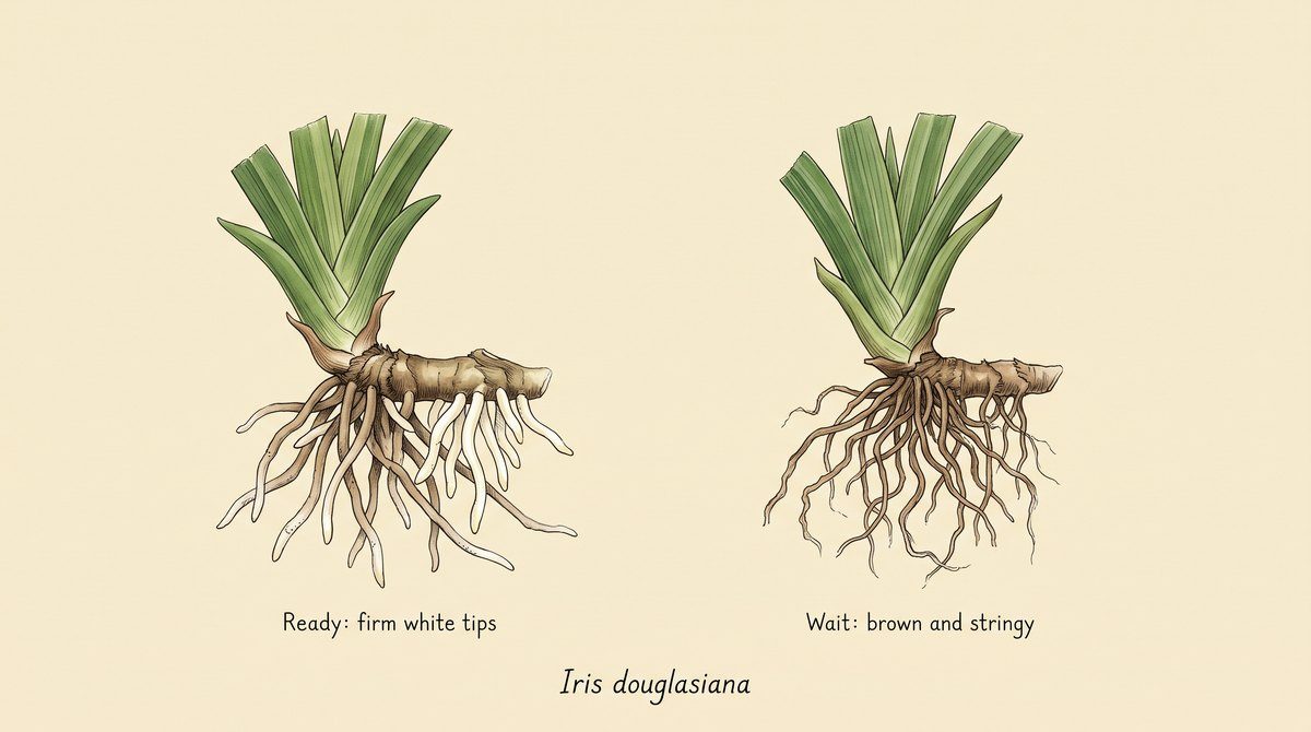 Botanical comparison plate of two Iris douglasiana plants turned out of their pots at the same scale, each showing a horizontal rhizome and a fan of strap-like leaves. The left plant has firm, plump, bright white new root tips and is labeled ready to plant. The right plant has brown, thin, dry, stringy roots and is labeled wait.