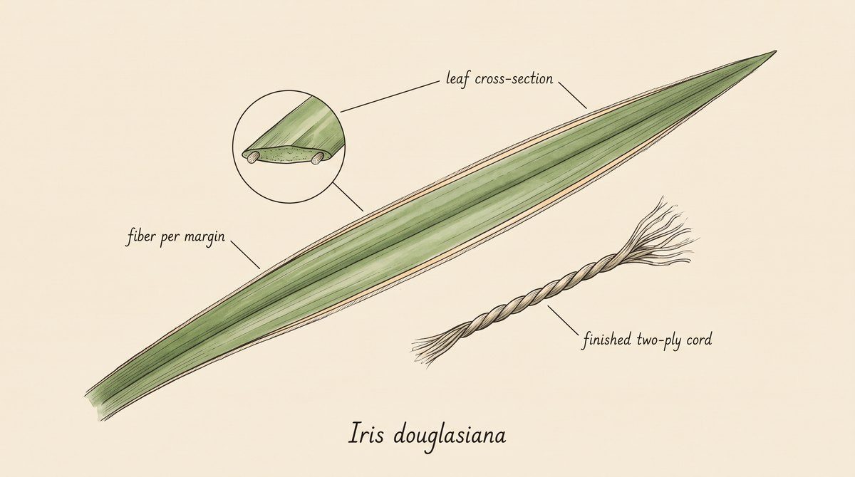 Botanical plate of a single Iris douglasiana leaf shown diagonally, with one fine fiber running along each of its two margins highlighted in pale tan. A magnified circular cross-section inset shows the flattened blade with a single fiber bundle embedded at each margin and none in between. Beside the leaf, a short length of finished two-ply cord twisted from the fiber, its ends frayed to show the strands. Labels point to fiber per margin, leaf cross-section, and finished two-ply cord.
