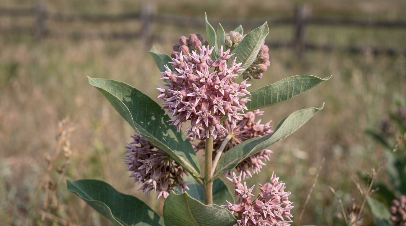 Showy milkweed (Asclepias speciosa) in summer bloom, rose-pink ball-shaped umbels held above broad gray-green velvety leaves in an open inland meadow setting