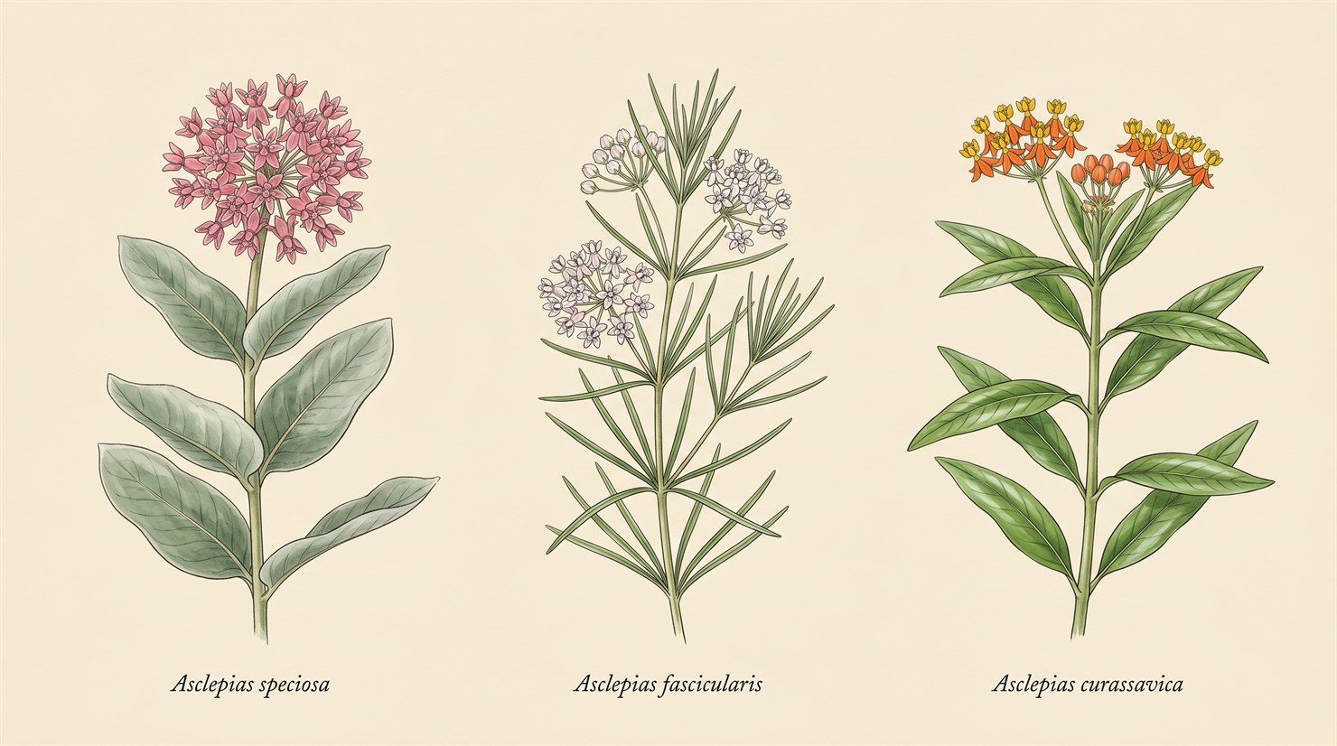 Three milkweed species shown side-by-side for visual identification: showy milkweed (Asclepias speciosa) with broad velvety gray-green leaves and rose-pink ball-shaped flower clusters, narrowleaf milkweed (Asclepias fascicularis) with narrow grass-like leaves and white flowers, and tropical milkweed (Asclepias curassavica) with glossy smooth leaves and orange-and-yellow flowers