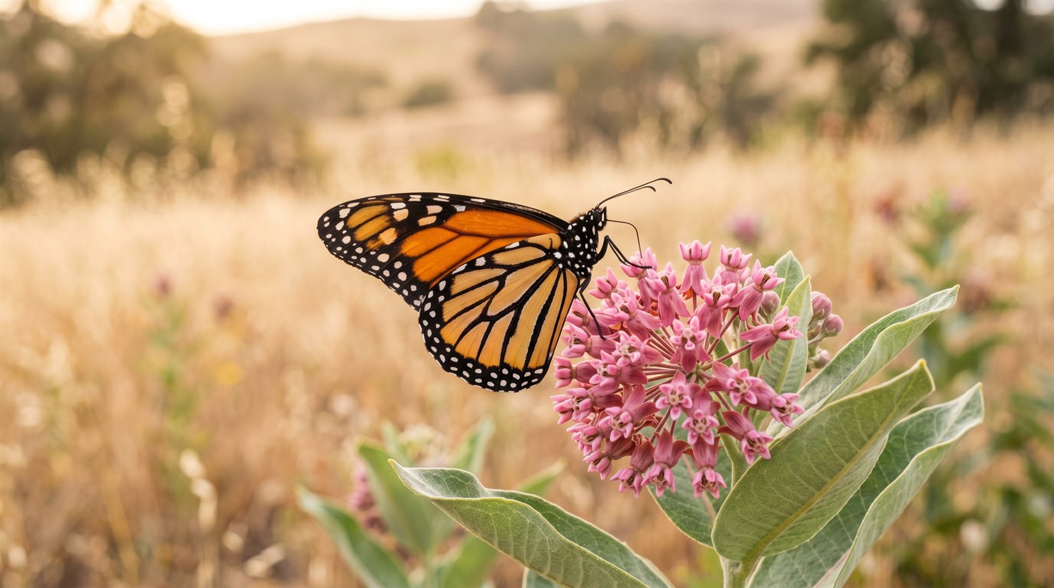An adult monarch butterfly (Danaus plexippus) feeding on a rose-pink ball-shaped umbel of showy milkweed (Asclepias speciosa) flowers, wings half-open showing the orange and walnut-black pattern, proboscis extended to a flower, soft golden-hour light, open inland California setting