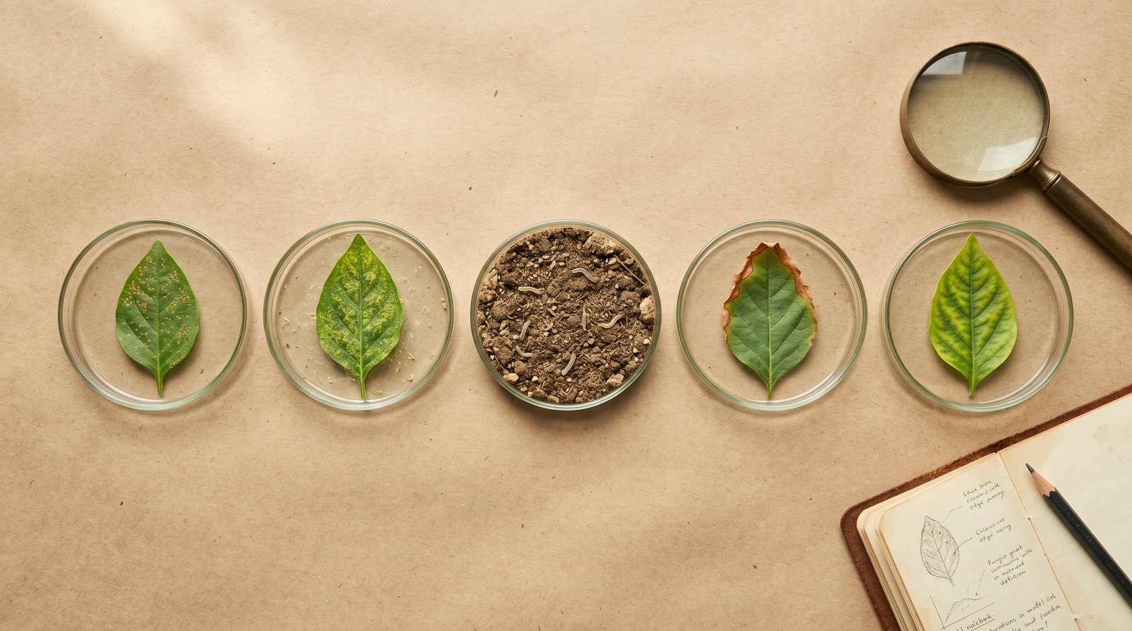 Scientific specimen study — five glass petri dishes containing plant-diagnosis specimens beside a brass magnifying lens and a leather field notebook on kraft paper