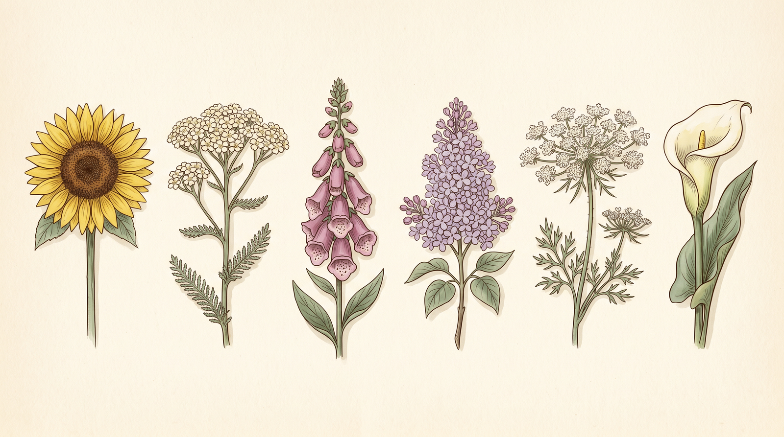 Six botanical specimens — sunflower head, yarrow corymb, foxglove raceme, lilac panicle, Queen Anne's lace compound umbel, and calla lily spadix-and-spathe — illustrated in vintage Kew Botanical Magazine register on cream
