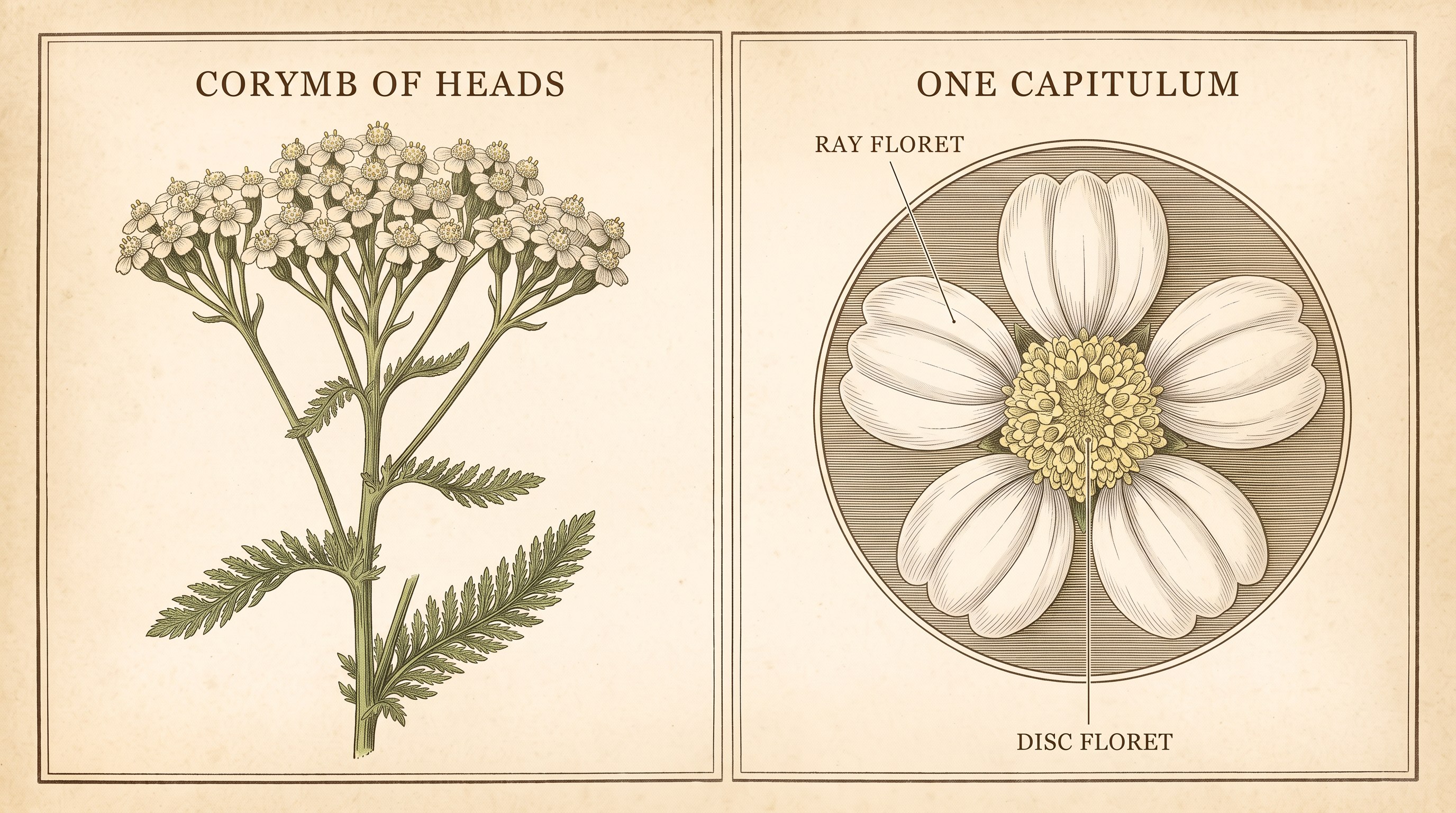 A vintage botanical comparison plate. On the left, a full yarrow stem with feathery divided leaves labeled CORYMB OF HEADS, dozens of small white flowerheads held on graded stalks at one level. On the right, a magnified circular inset labeled ONE CAPITULUM, showing five broad white ray florets around a dense center of tiny tubular disc florets, with fine label lines marking RAY FLORET and DISC FLORET.