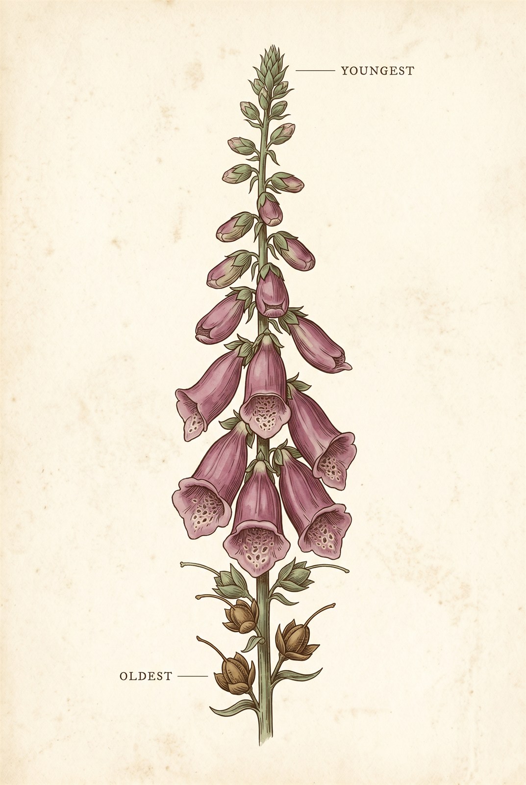 A vintage botanical plate of a single foxglove stem read as a timeline. Ripening seed capsules sit at the very base, fully open flowers in the middle, smaller buds above them, and a still-growing leafy tip at the top, with small labels marking OLDEST at the bottom and YOUNGEST at the top.