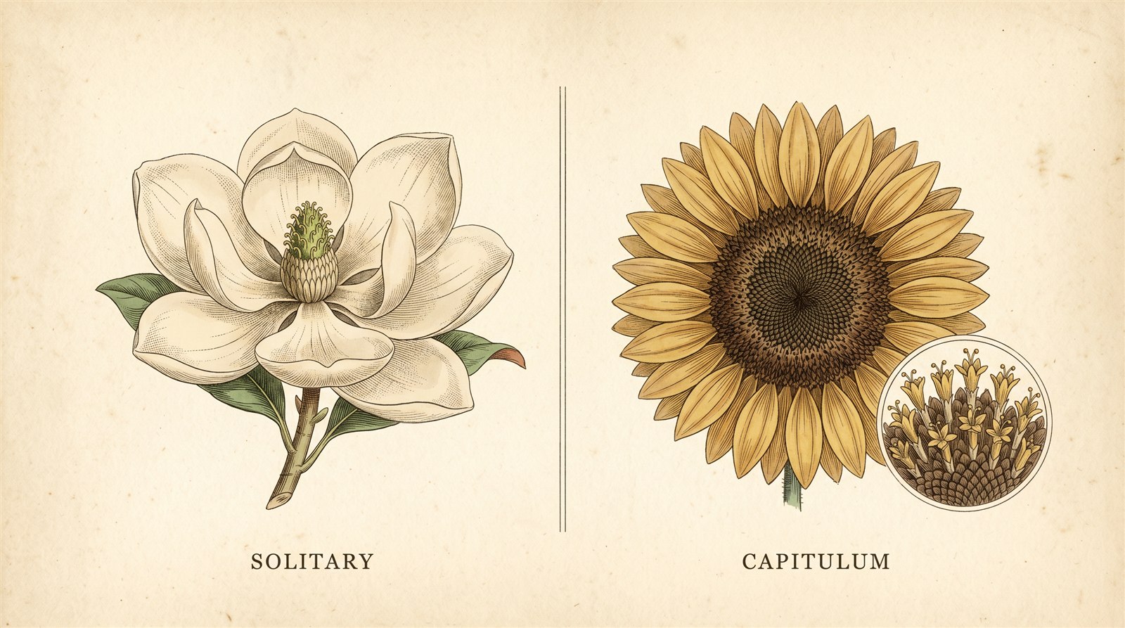 A vintage botanical comparison plate. Left: a single southern magnolia flower shown whole and alone on one stalk, labeled SOLITARY. Right: a sunflower head labeled CAPITULUM, with a magnified circular inset revealing that its central disk is built from dozens of separate complete tiny florets.