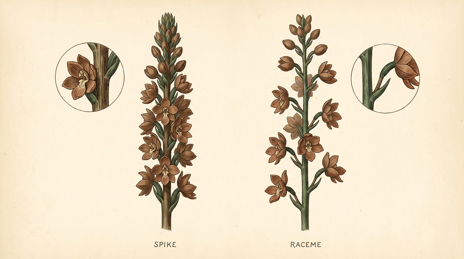 A vintage botanical comparison plate. Left: an unbranched flower stem labeled SPIKE, its flowers sitting flush against the stem with a magnified inset circling one stalkless flower. Right: a similar stem labeled RACEME, each flower held out on a short stalk, with a magnified inset circling the small pedicel.