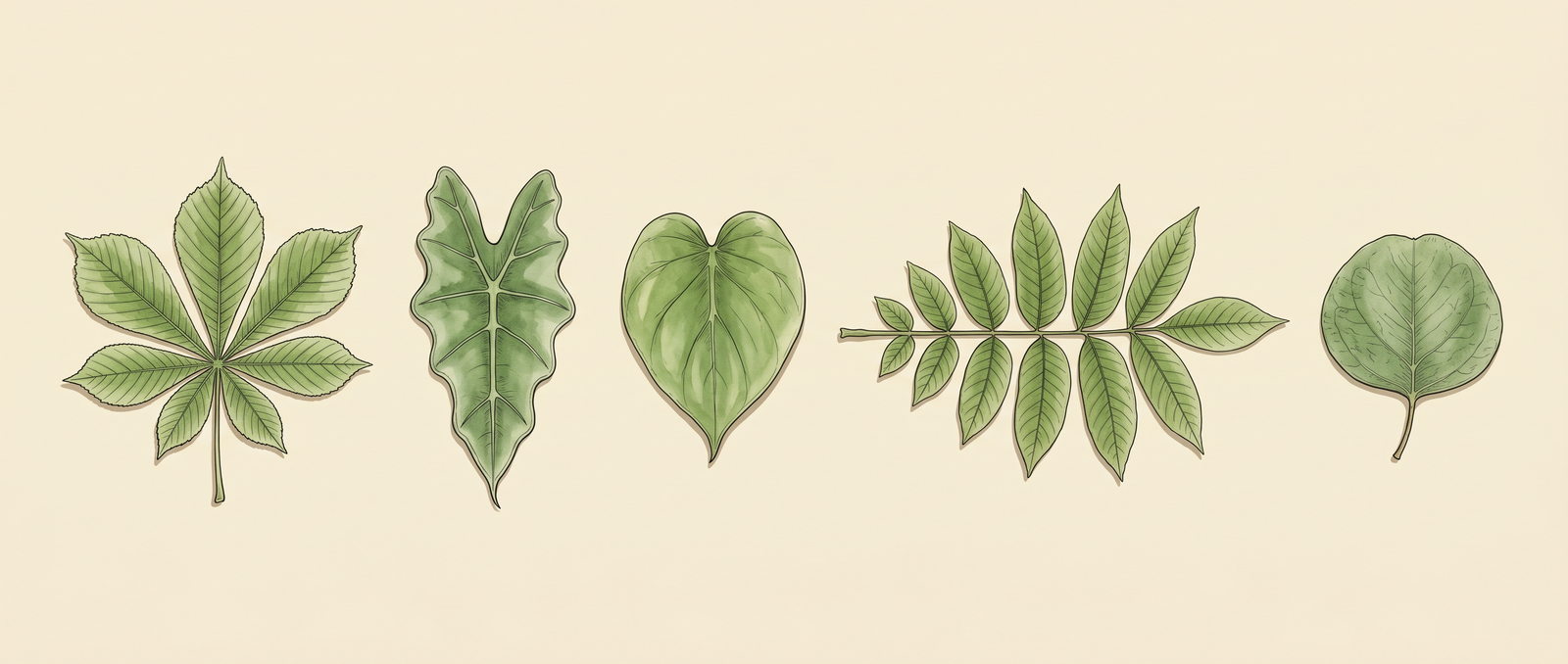 Five botanical specimens — palmately compound, sagittate, cordate, pinnately compound, and orbicular leaves — illustrated in Curtis's Botanical Magazine register on cream